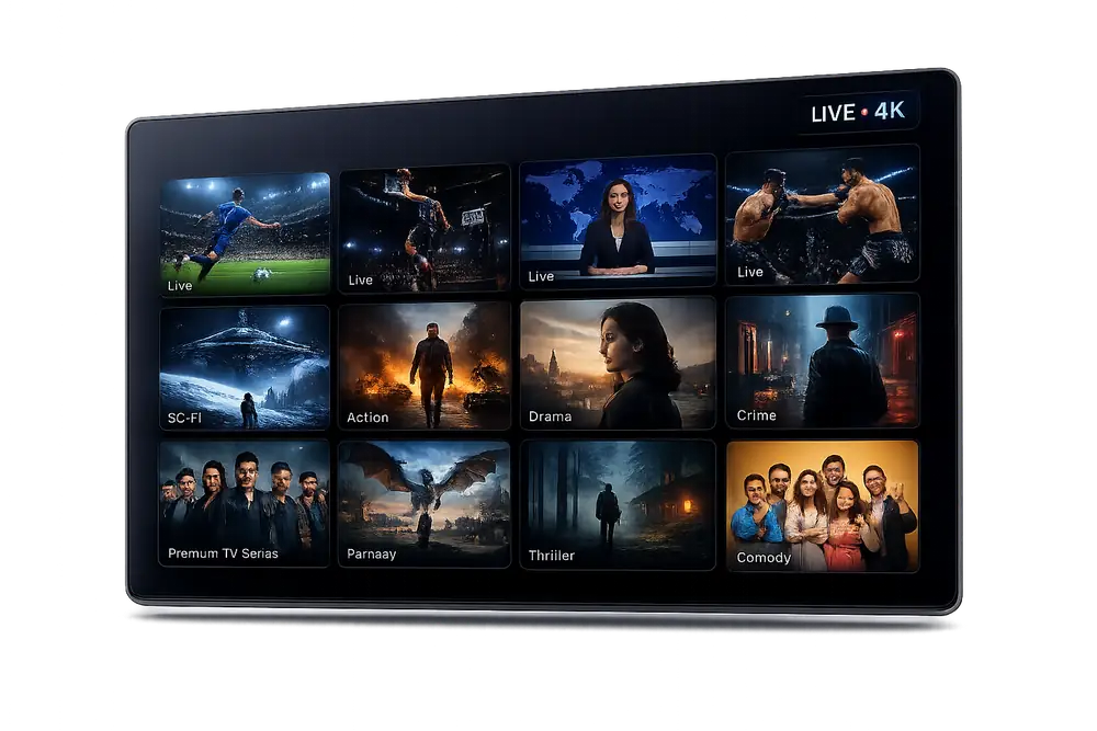 Watch live TV, sports, and movies in 4K with turbot iptv turbot iptv IPTV interface showing live sports, news, and 4K movie channels on a Smart TV